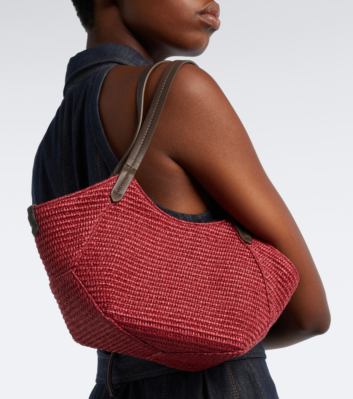 Brunello Cucinelli Monili leather-trimmed raffia-effect tote bag