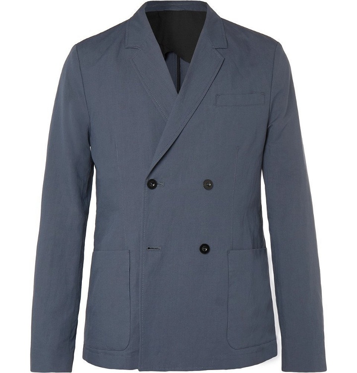 Photo: Mr P. - Dark-Blue Unstructured Double-Breasted Linen and Cotton-Blend Suit Jacket - Blue