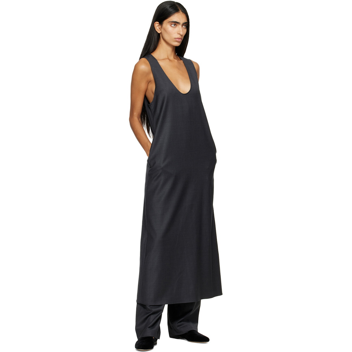 ssstein Gray Wool Silk Sleeveless Onepiece Maxi Dress