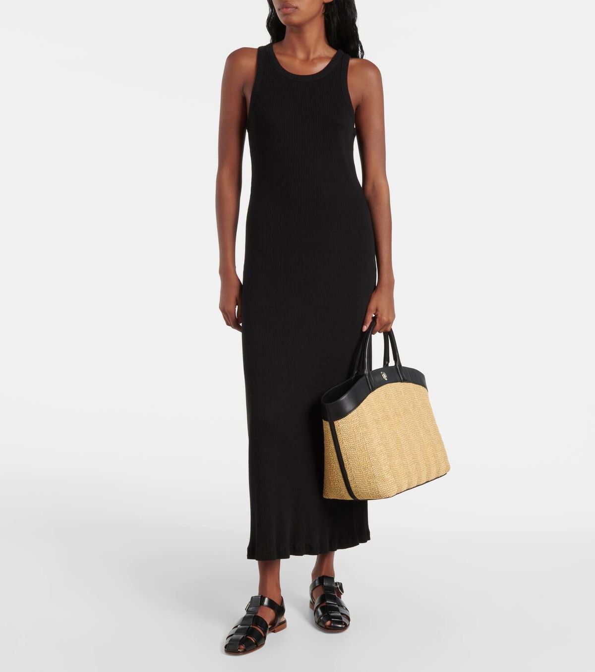 Savette Tondo Large leather-trimmed raffia tote bag