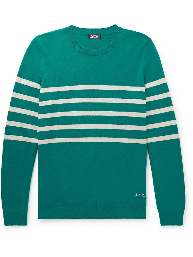 Photo: A.P.C. - Maceo Logo-Embroidered Striped Cashmere and Cotton-Blend Sweater - Green