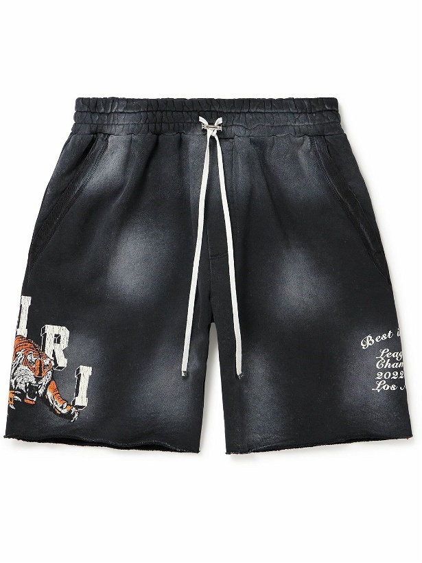 Photo: AMIRI - Wide-Leg Logo-Print Distressed Cotton-Jersey Drawstring Shorts - Black