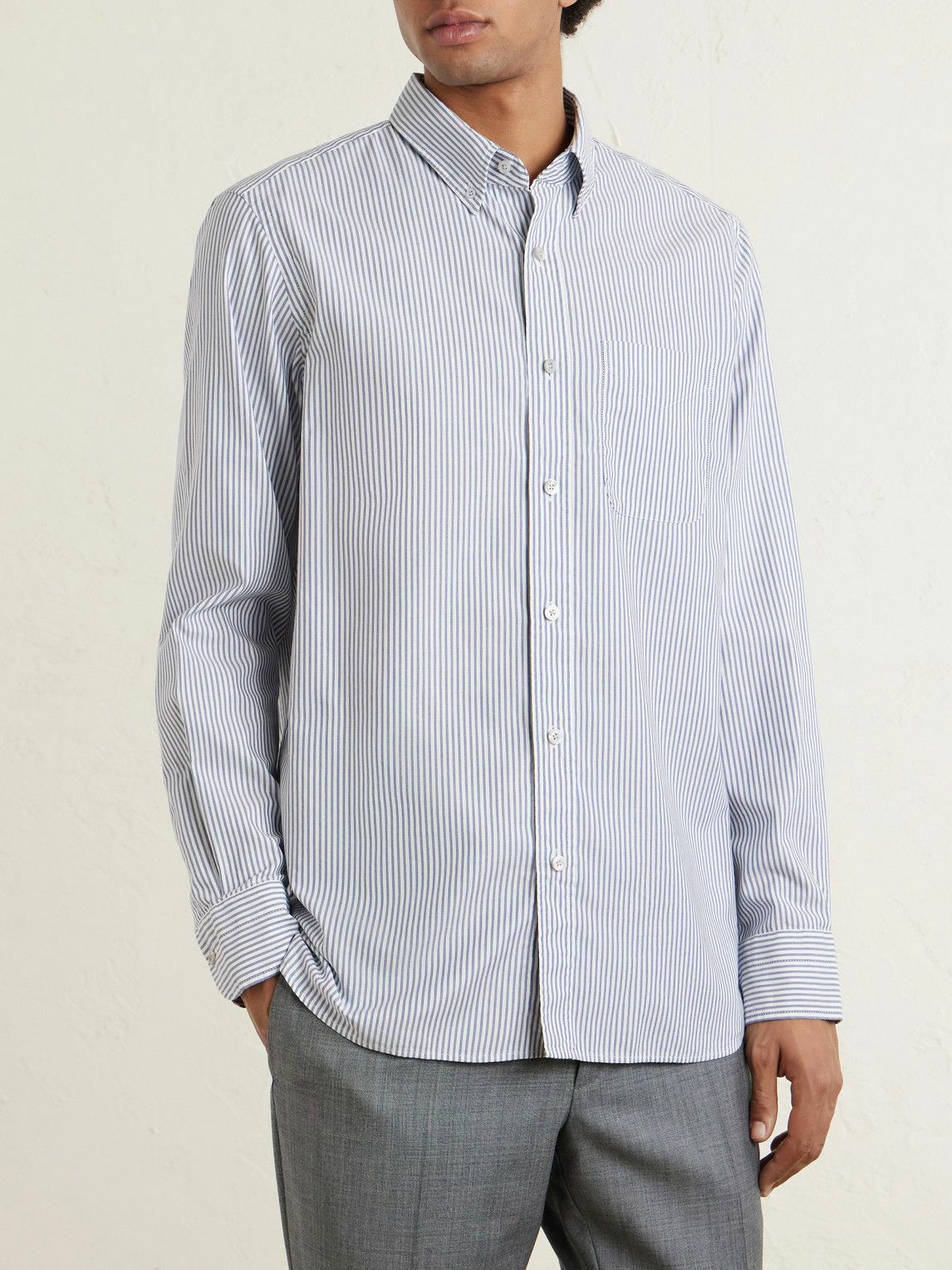 TOM FORD - Button-Down Collar Striped Cotton and Lyocell-Blend Oxford Shirt - Blue
