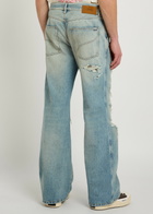 Amiri Checkered Repair Distressed Bootcut Jeans Indigo