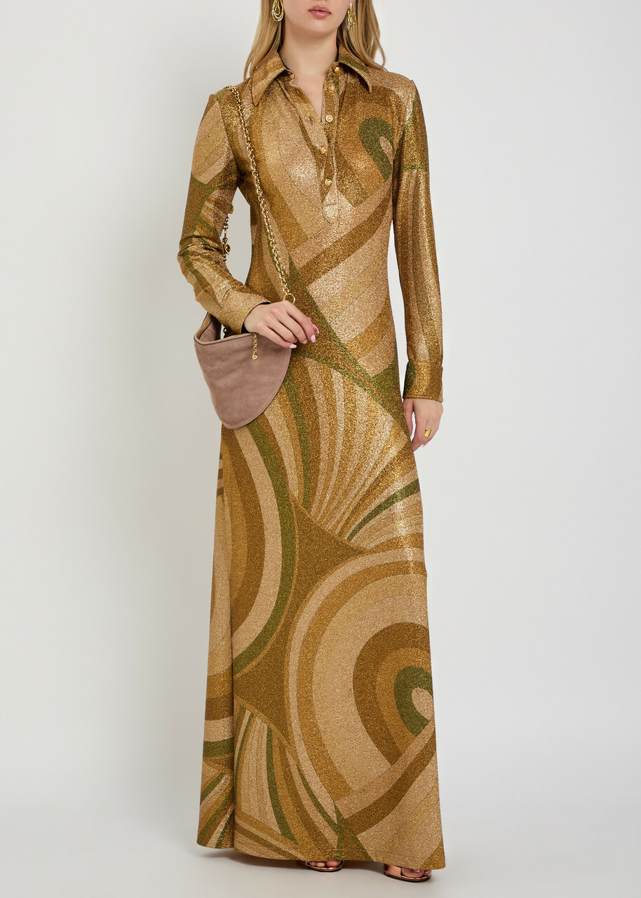 Pucci Printed Metallic-jersey Maxi Shirt Dress Brown
