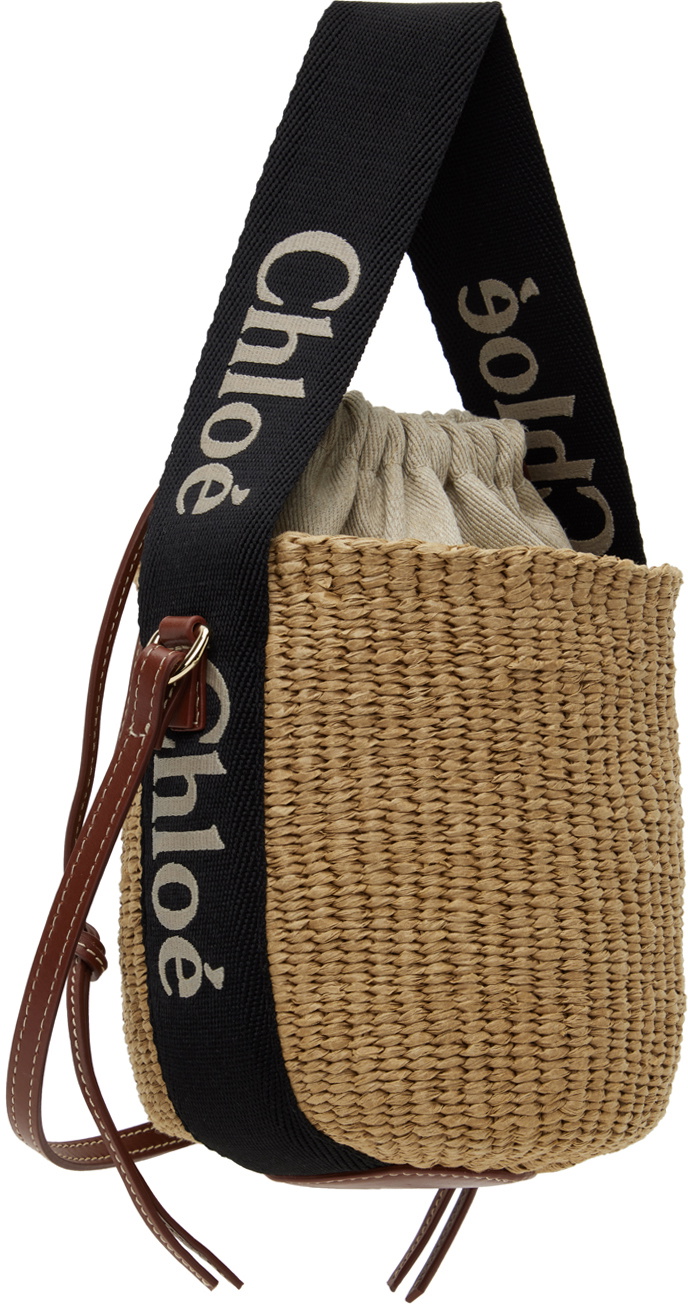 SMALL WOODY BASKET 17 IN BROWN AND WHITE FIBERS BROWN WEBBING BLACK CALFSKIN