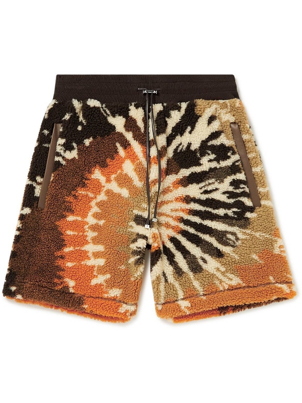 Photo: AMIRI - Leather-Trimmed Tie-Dyed Fleece Drawstring Shorts - Brown