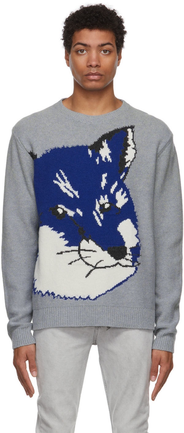 Maison Kitsuné Grey Big Fox Head Jacquard Sweater Maison Kitsune