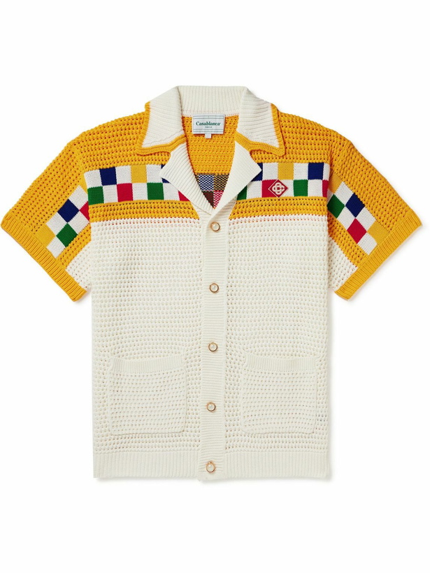 Photo: Casablanca - Camp-Collar Logo-Appliquéd Crochet-Knit Cotton Shirt - White
