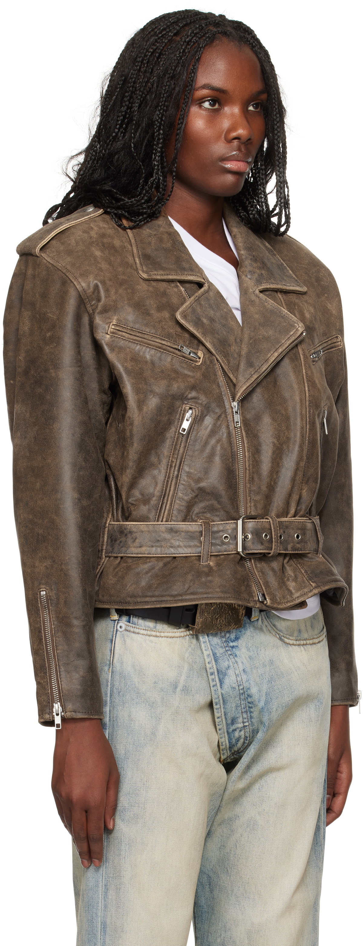 R13 Brown Exaggerated Shoulder Motorcycle Leather Jacket
