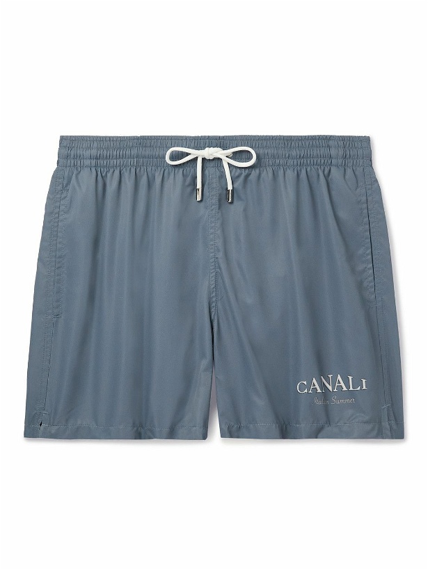 Photo: Canali - Straight-Leg Mid-Length Logo-Print Swim Shorts - Blue