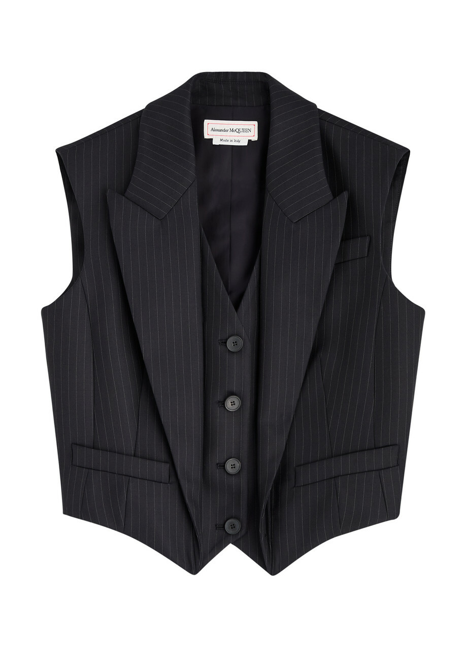 Alexander Mcqueen Striped Cropped Wool Waistcoat Navy