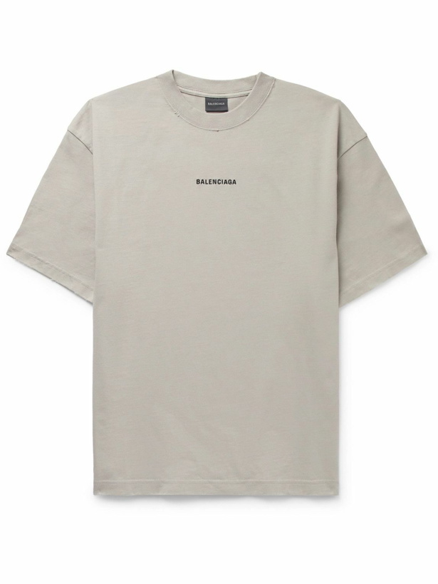 Photo: Balenciaga - Distressed Logo-Embroidered Cotton-Jersey T-Shirt - Gray