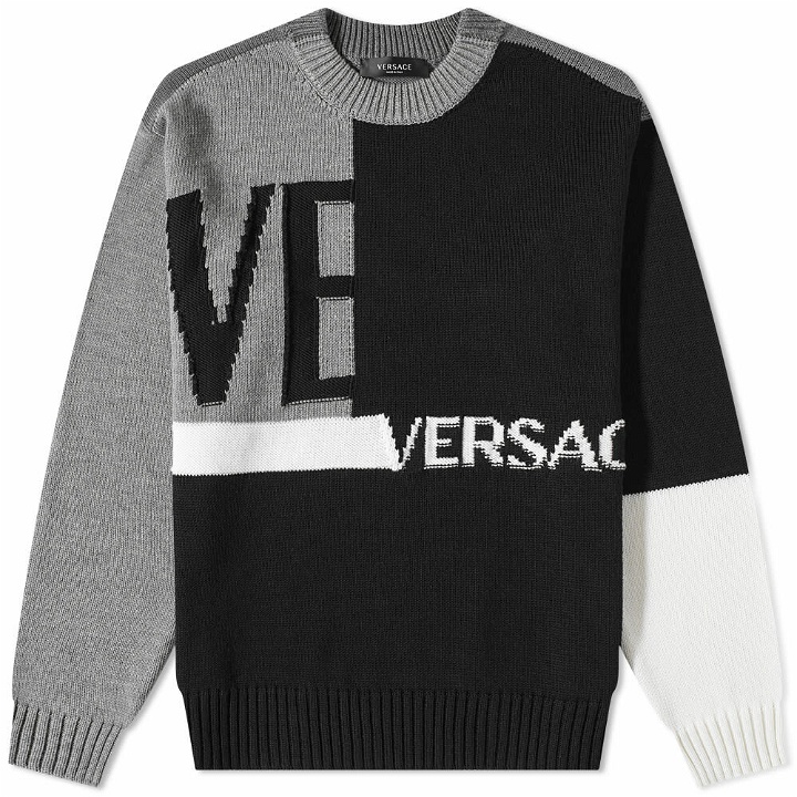 Photo: Versace Men's Patchwork Logo Crew Knit in Grey/Black