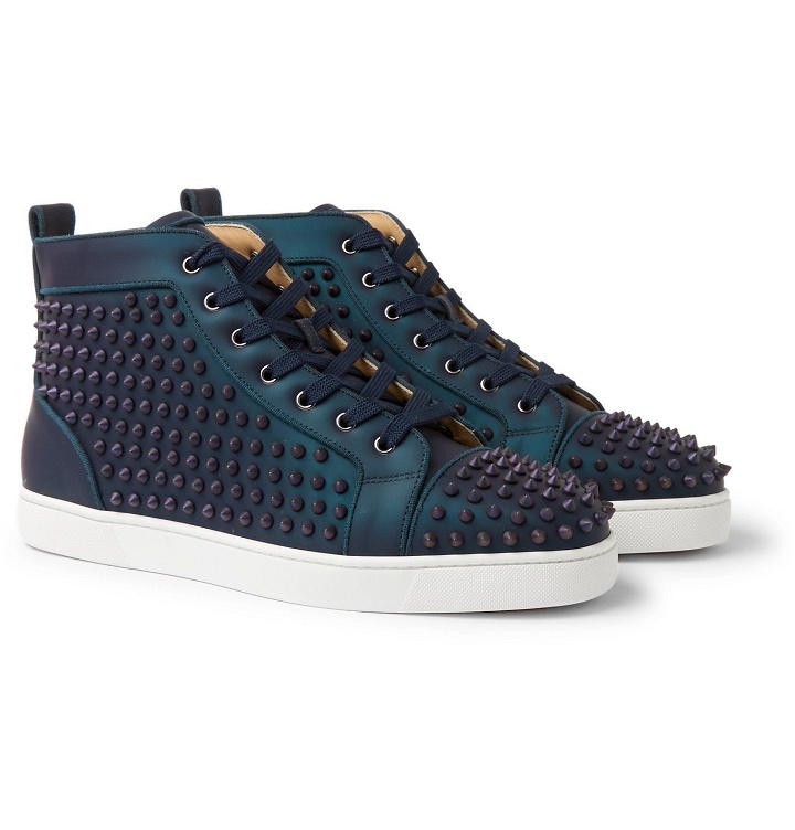 Photo: Christian Louboutin - Louis Orlato Spikes Iridescent Leather High-Top Sneakers - Blue