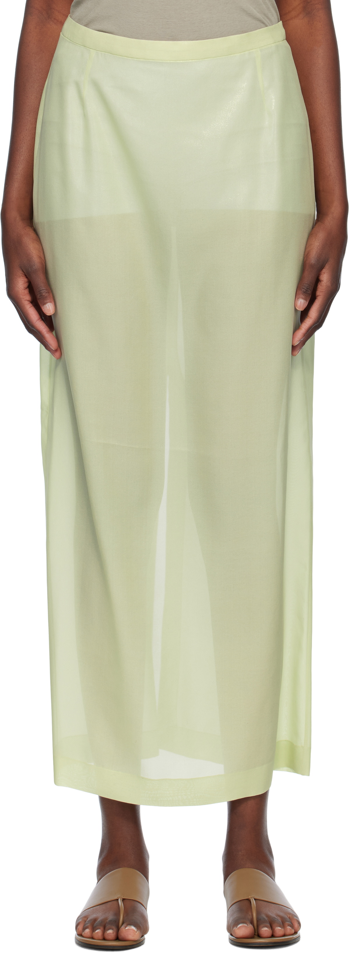 AURALEE Green Foil Printed Silk Lawn Maxi Skirt