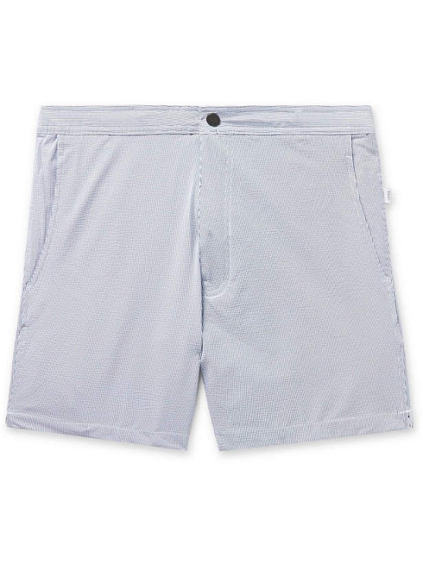 Photo: ONIA - Calder Mid-Length Striped Seersucker Swim Shorts - Blue