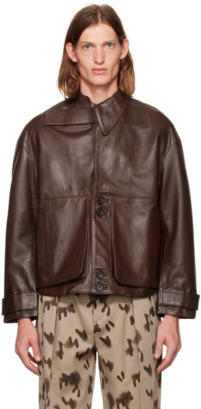 Photo: T/SEHNE SSENSE Exclusive Brown Asymmetric Leather Jacket