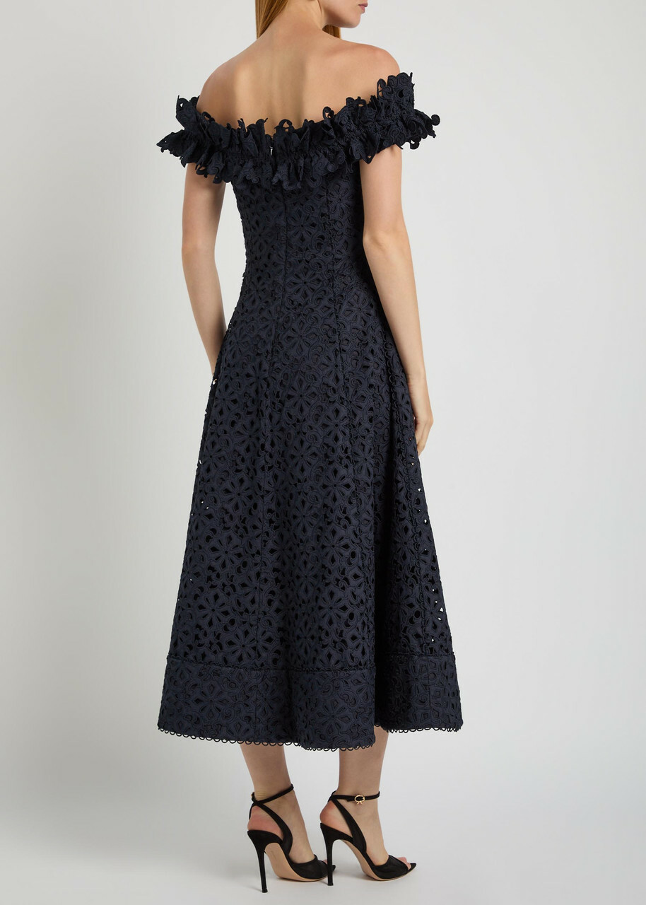 Rebecca Vallance Antalya Embroidered Off-the-shoulder Cotton Midi Dress Navy