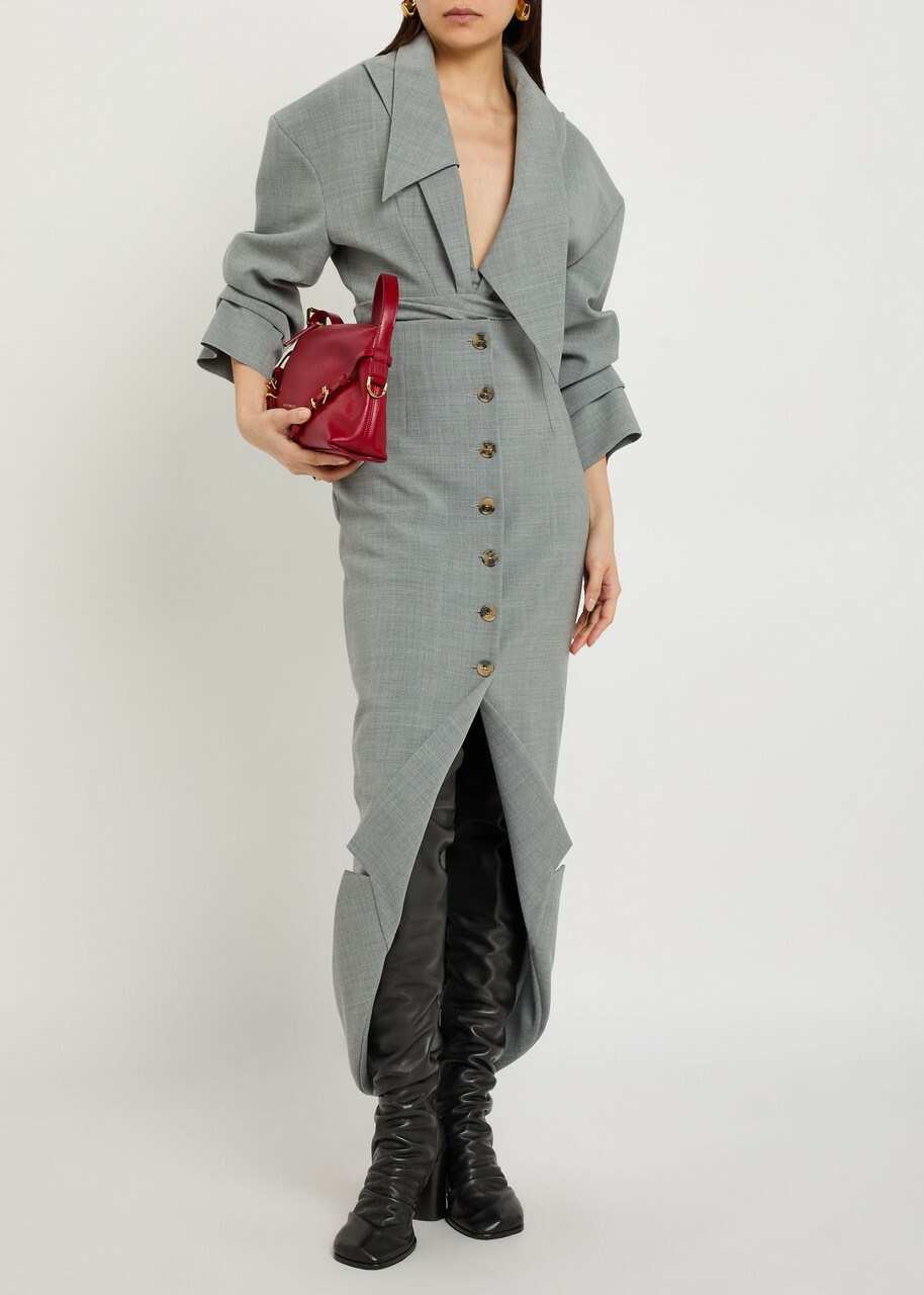 A.W.A.K.E Mode Jacket-collar Darted Woven Midi Skirt Grey