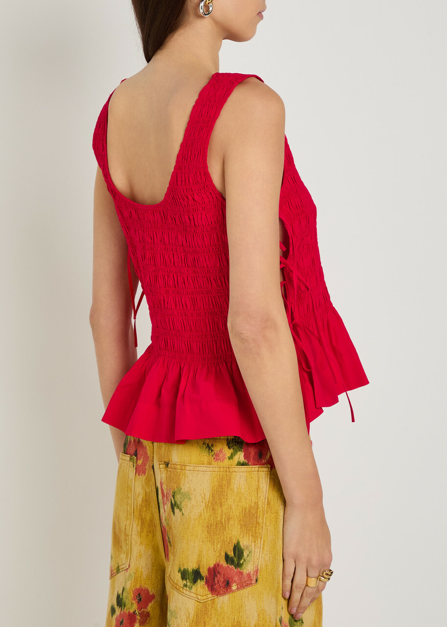 Ganni Smocked Cotton-poplin top Red GANNI