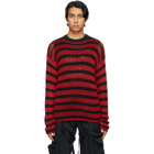 Raf Simons Black and Red Striped Open Knit Sweater