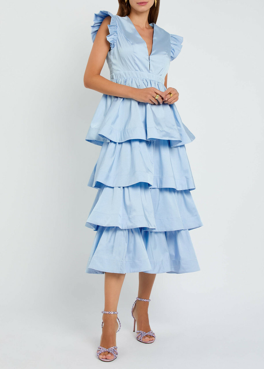 Sister Jane Feria Tiered Taffeta Midi Dress Blue