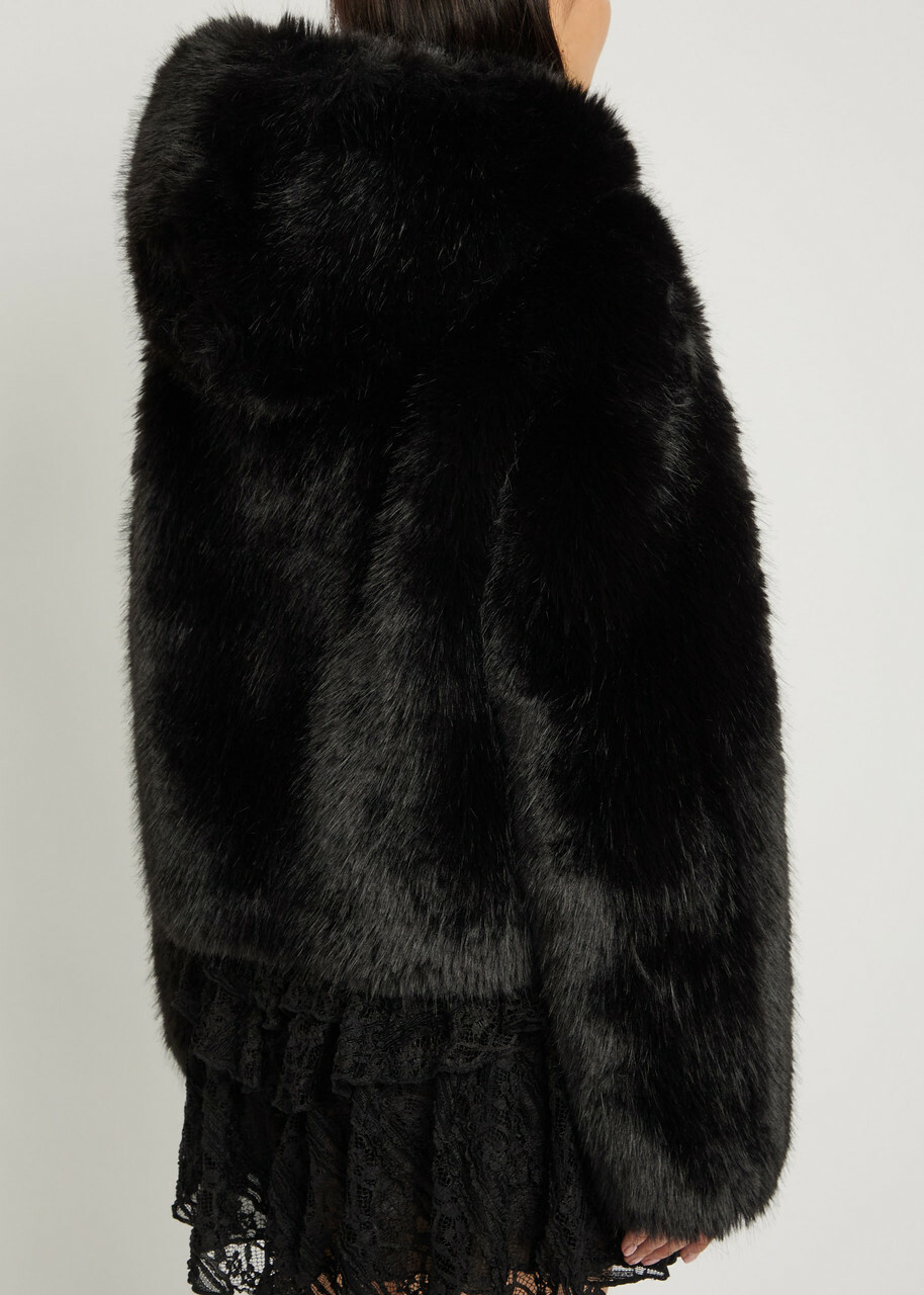 Free People Louder Please Hooded Faux fur Jacket Black