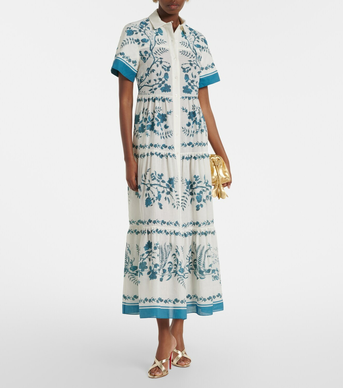 Erdem Floral cotton and linen tiered shirt dress
