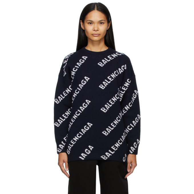 Balenciaga Navy Logo Oversized Crewneck Balenciaga