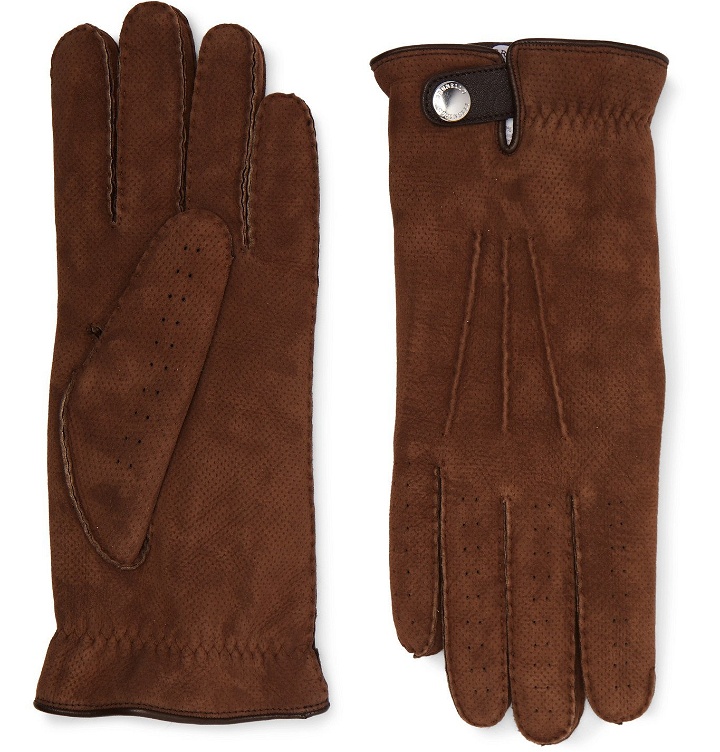 Photo: Brunello Cucinelli - Shearling-Lined Perforated Suede Gloves - Brown