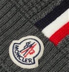 Moncler - Logo-Appliquéd Striped Waffle-Knit Virgin Wool Beanie - Gray