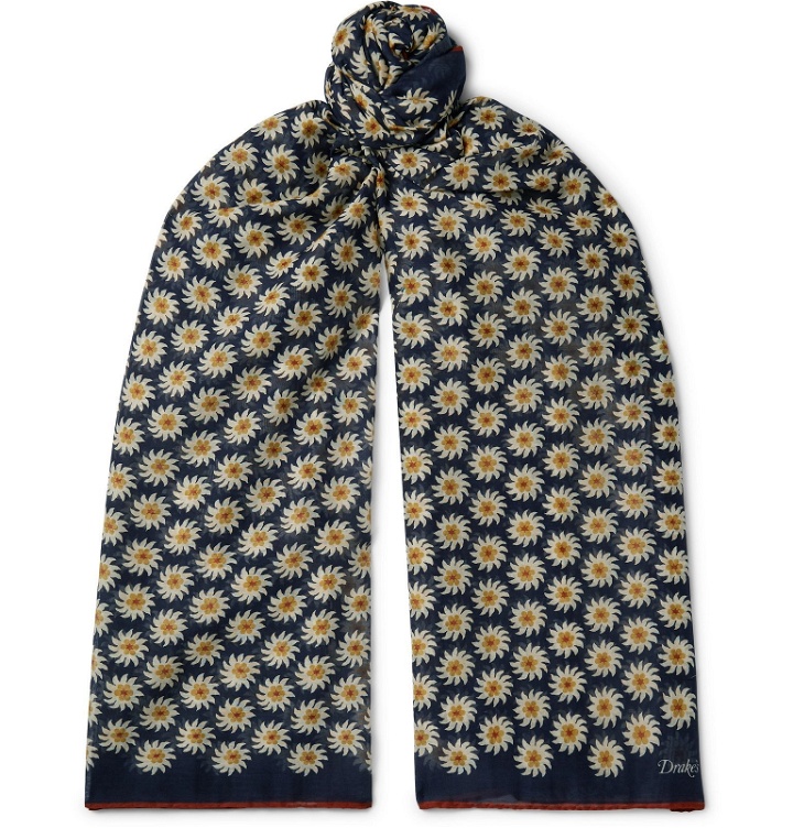 Photo: Drake's - Floral-Print Cotton and Silk-Blend Scarf - Blue