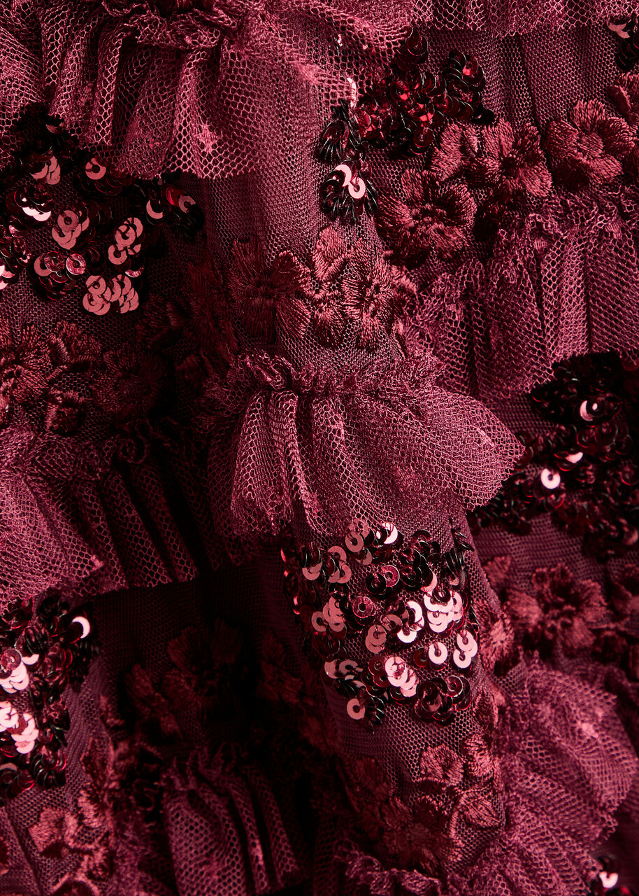 Needle & Thread Daisy Wave Ruffled Sequin-embellished Tulle Gown Burgundy