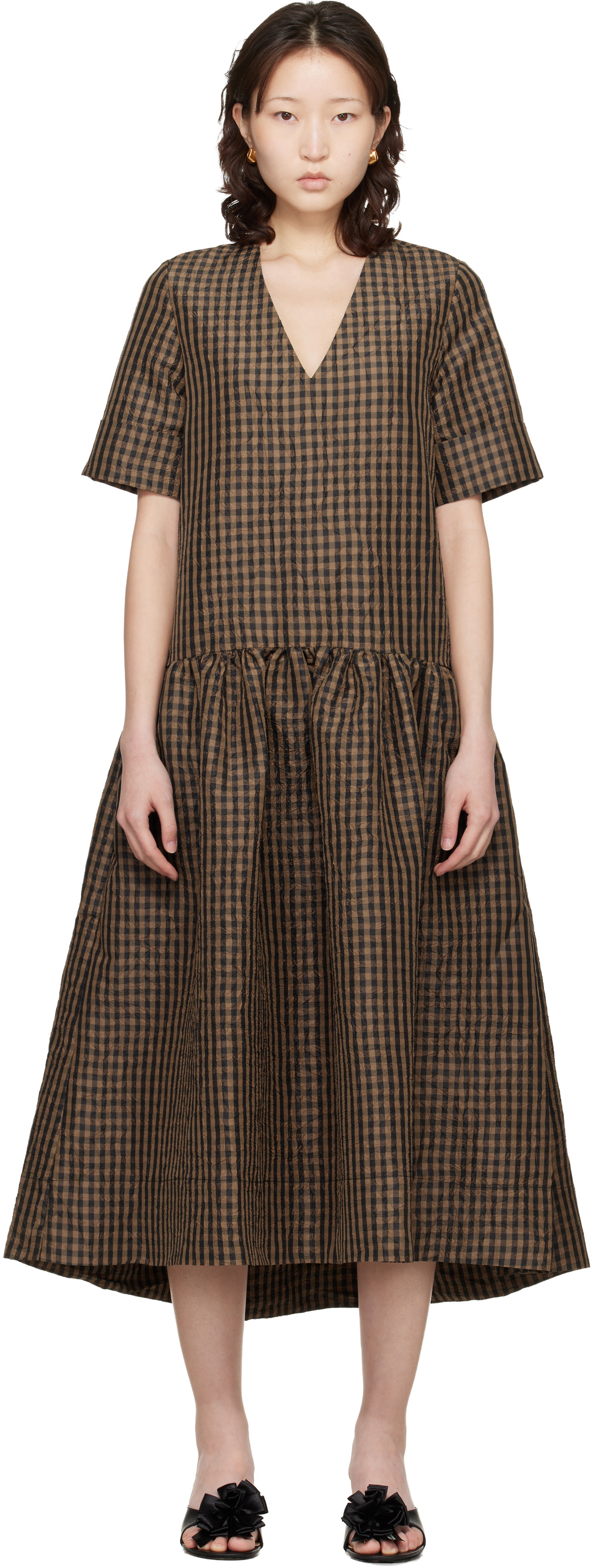 GANNI Brown Crinkled Check Maxi Dress