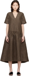 GANNI Brown Crinkled Check Maxi Dress
