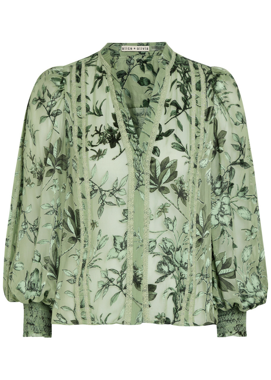 Alice + Olivia Arlette Devoré Chiffon Blouse Green