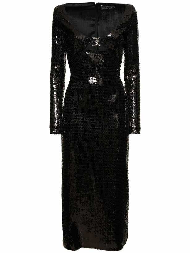 Photo: DAVID KOMA - Logo Buckle Sequined Midi Dress