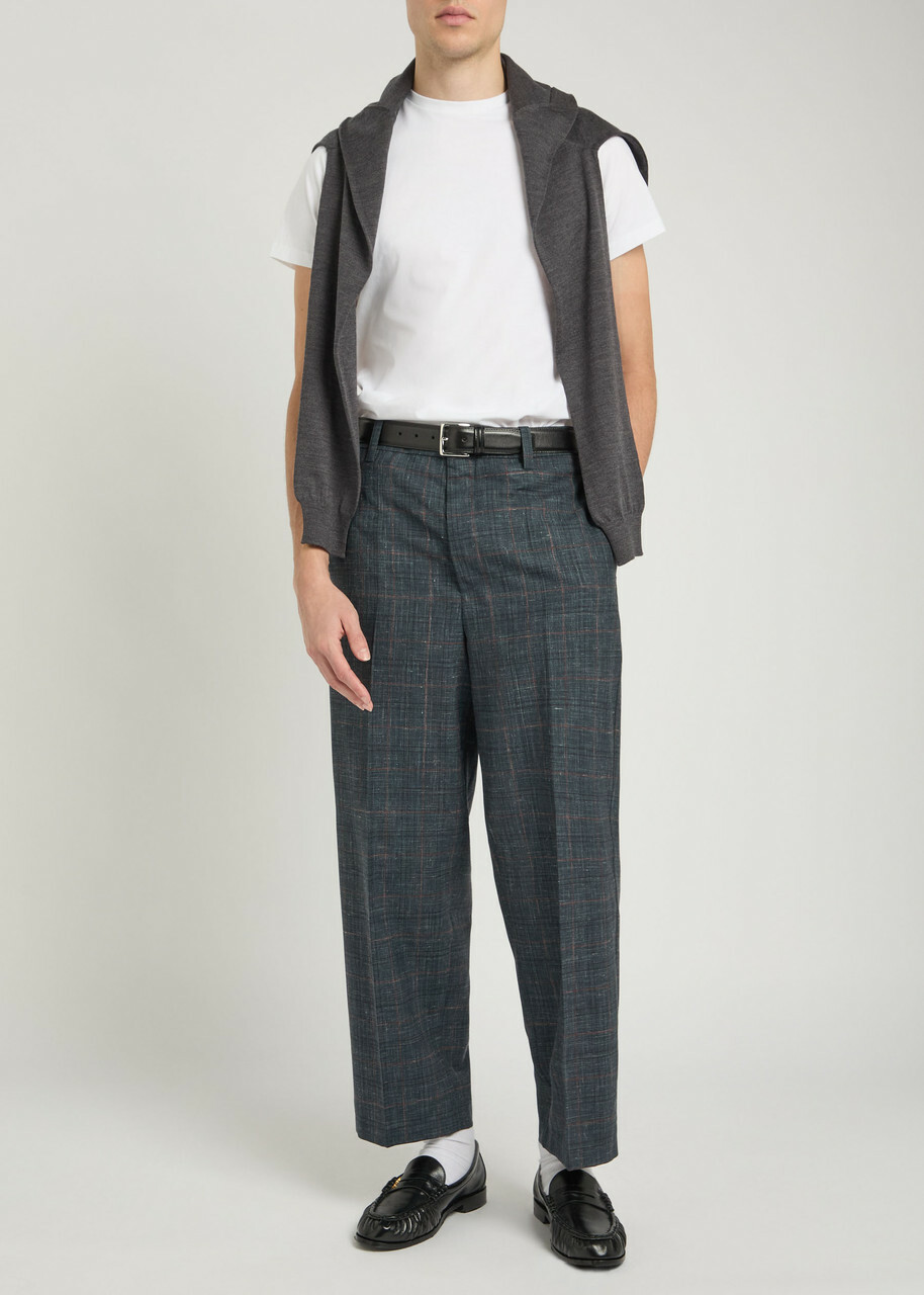 Jil Sander Checked Straight-leg Wool and Linen-blend Trousers Black