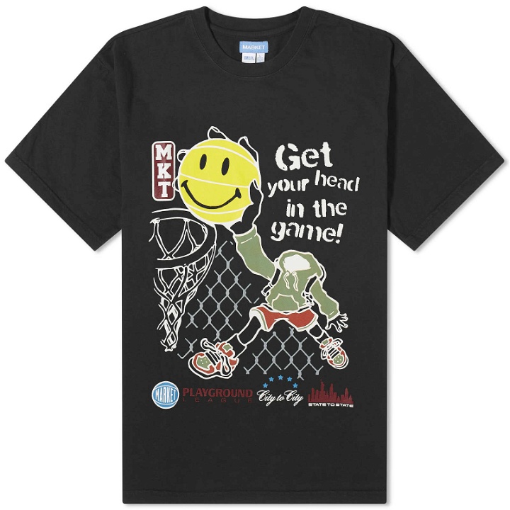Photo: MARKET Men's Smiley Head In The Game T-Shirt in Washed Black