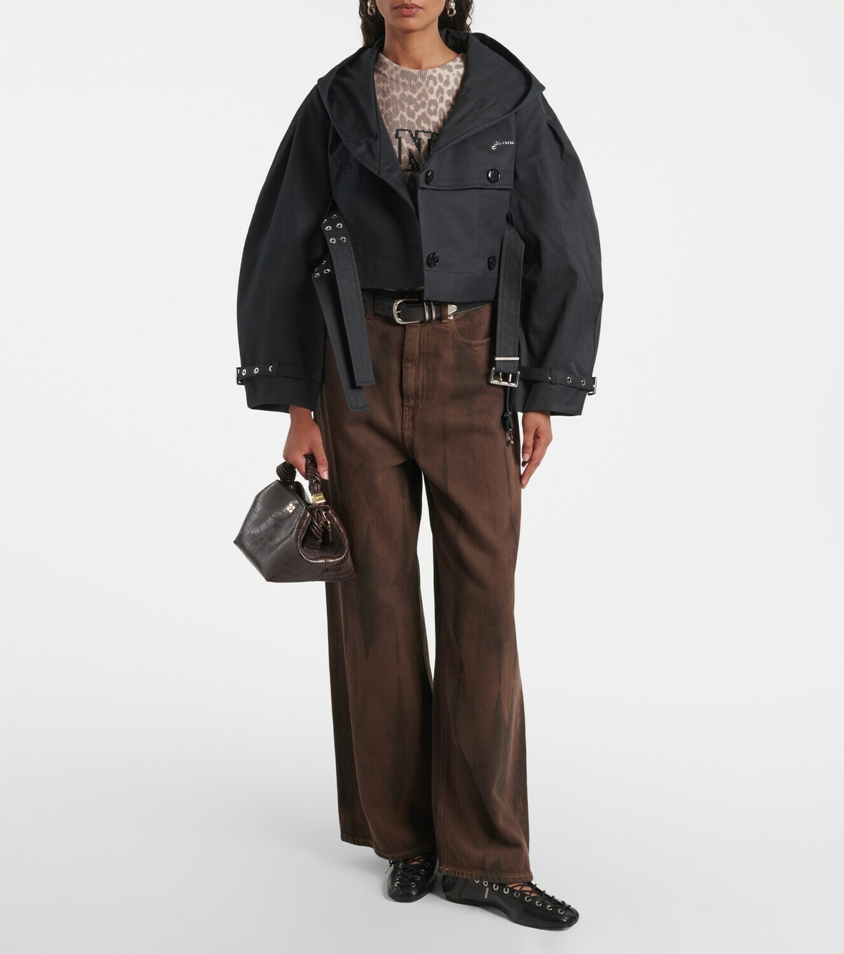 Ganni Belted cropped cotton jacket