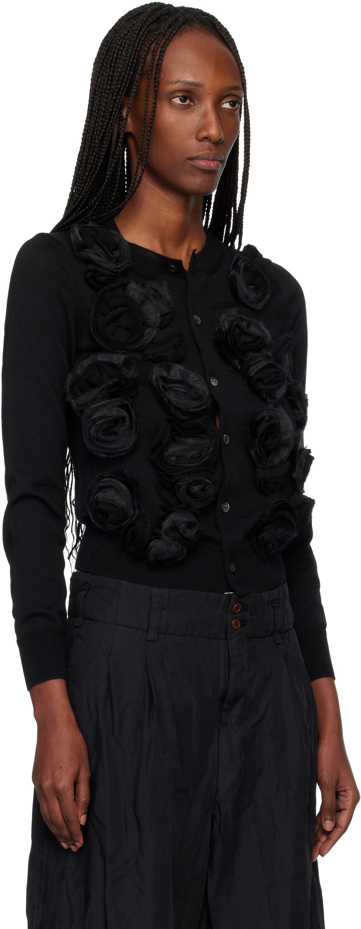 Comme des Garçons Comme des Garçons Black Lambswool Jersey X Flower Embroidery Cardigan