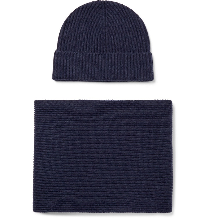 Photo: Johnstons of Elgin - Ribbed Cashmere Hat and Scarf Set - Blue