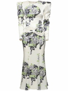 ALESSANDRA RICH Rose Print Silk Satin Dress with Bow