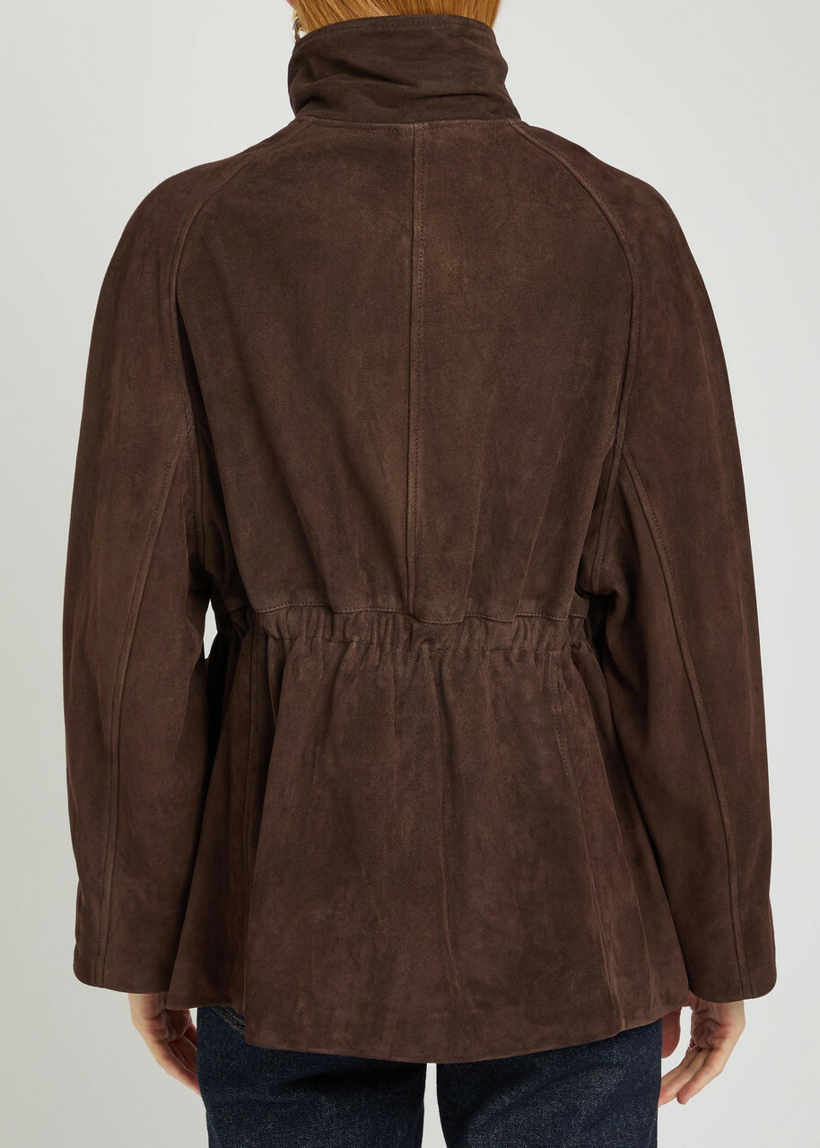 Nour Hammour Quai Funnel-neck Suede Jacket Dark Brown