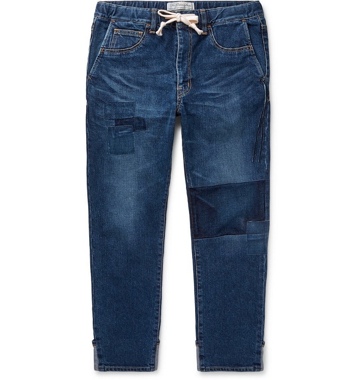 Photo: Remi Relief - Slim-Fit Tapered Cropped Patchwork Denim Drawstring Jeans - Blue