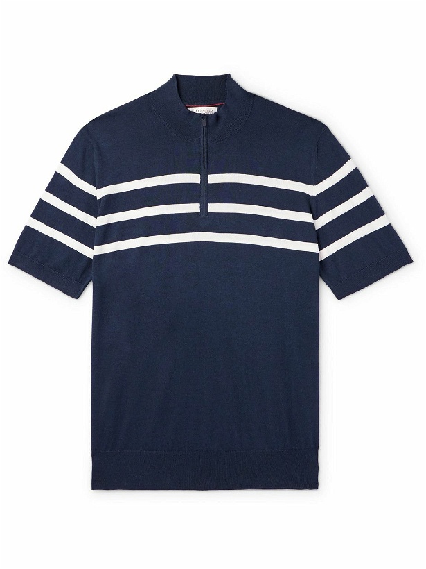 Photo: Brunello Cucinelli - Striped Honeycomb-Knit Cotton-Piqué Polo Shirt - Blue