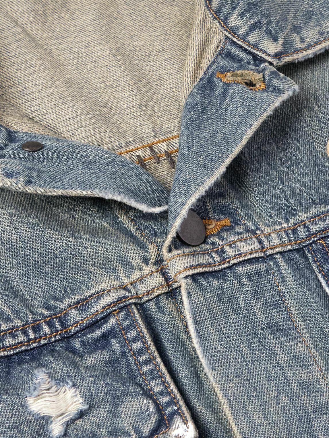 AMIRI - Vintage Pegasus Embellished Distressed Paint-Splattered Denim Trucker Jacket - Blue