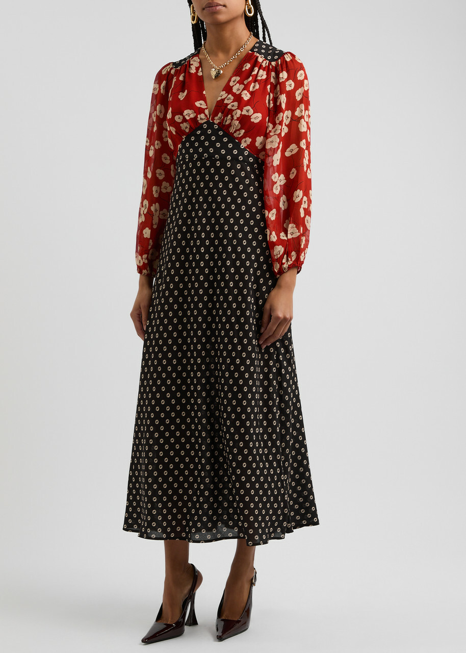 Rixo Kaila Patchwork Floral-print Midi Dress Black Rixo