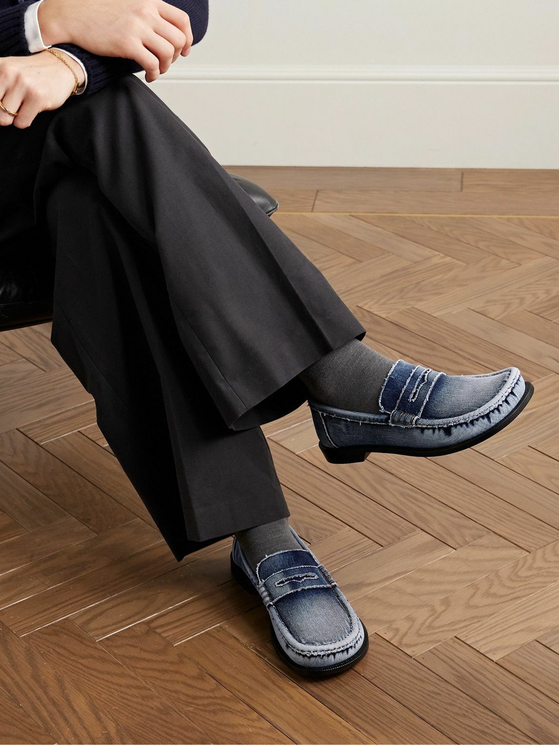 【LOEWE】ロエベローファー Campoloafer 40 RAW DENIM LOEWE - Campo Distressed Washed-Denim Penny Loafers - Blue Loewe